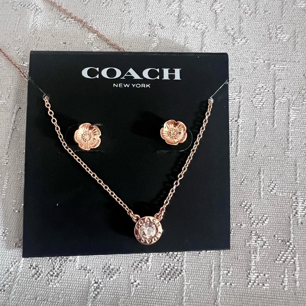 Coach Open Circle Necklace And Tea Rose Stud Earrings Set